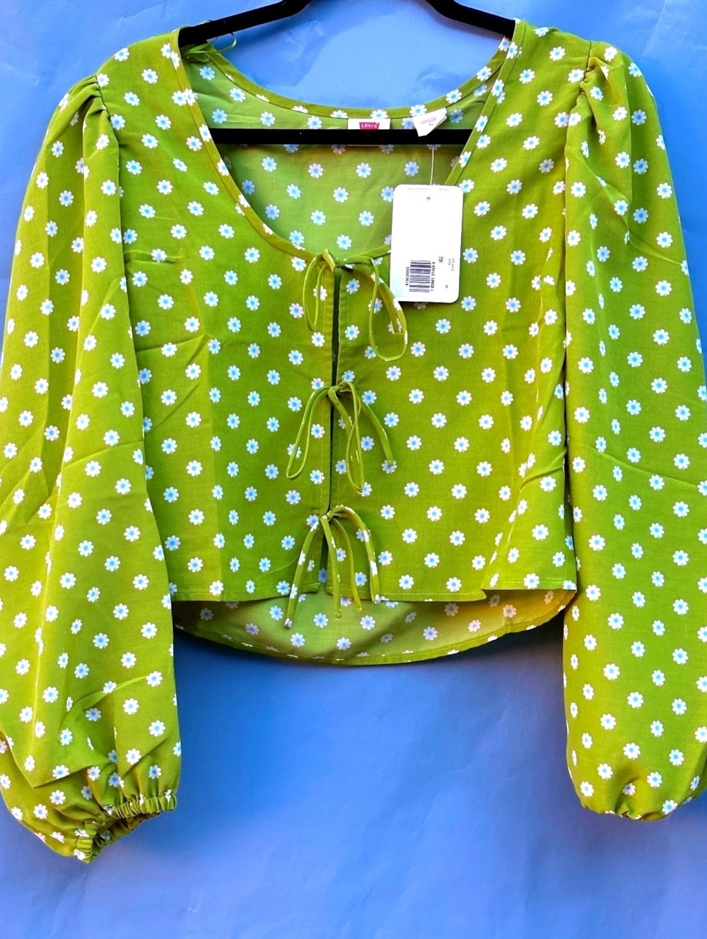 Levi's Women's Medium Lime Green Floral Tie-Front Blouse Puff Sleeve